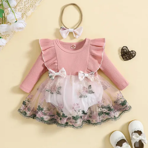 Miniatura 2 de Mameluco de manga larga con volantes para bebé niña, mameluco bordado de malla, vestido tutú para otoño