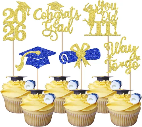 Miniatura 26 de Paquete de 24 adornos para cupcakes de clase 2025 con purpurina 2025 para diploma de graduación 2025 para cupcakes temáticos de graduación 2025
