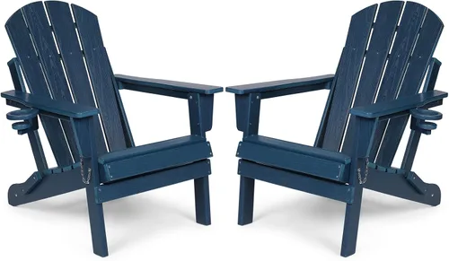 Miniatura 9 de Silla Adirondack plegable de HDPE, silla de patio al aire libre con soporte para tazas, silla de césped de grano de madera resistente a