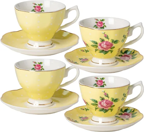Miniatura 10 de BTaT- Juego de 2 tazas de té y platillos florales, 8 onzas, juego de tazas de té de porcelana fina con ribete dorado para té de la tarde, bodas, Azul