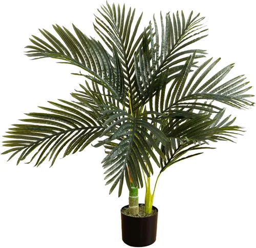 Nearly Natural Palmera de caña dorada de 3 pies, árbol tropical artificial con fronds verdes realistas y tronco similar al bambú, incluye maceta de