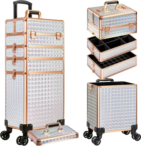 Miniatura 11 de AROUS Estuche de maquillaje rodante 5 en 1, estuche de cosmetología con ruedas, organizador cosmético grande, carro de viaje para estilista