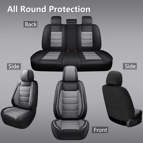 Miniatura 6 de Juego completo de fundas de asiento de automóvil de piel sintética de cobertura completa, fundas de asiento para automóviles, SUV, camionetas, Negro