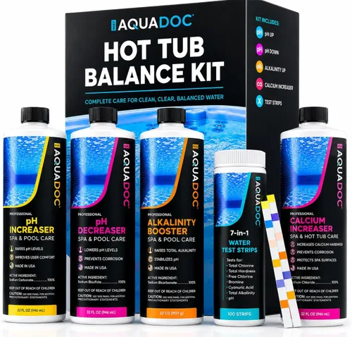 AquaDoc - Kit de equilibrio de agua para bañera de hidromasaje con aumento de pH, disminución de pH, alcalinidad y aumento de calcio, 100 tiras de