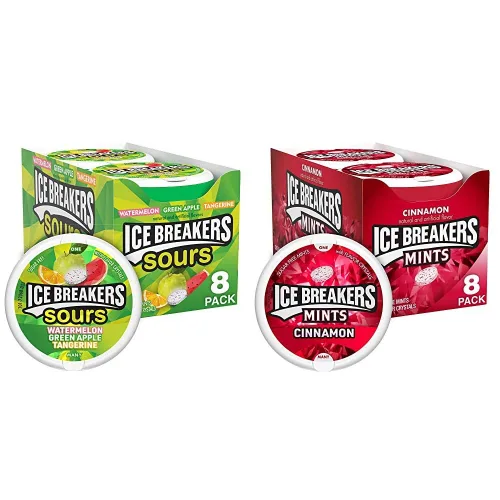 ICE BREAKERS Sours - Latas de mentas sin azúcar con sabor a fruta surtidas (8 unidades) y latas de mentas para el aliento sin azúcar y canela (8