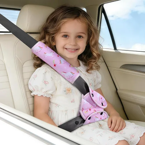 Miniatura 7 de COOLBEBE Juego de almohadillas de asiento para niños, cómodo cojín para hombros y vientre, funda universal para correa de asiento para refuerzo, Rosa