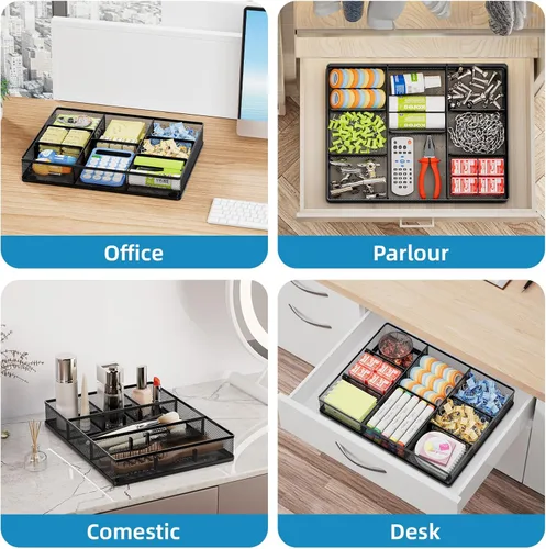 Miniatura 4 de Marbrasse Organizador de cajones de escritorio, bandeja organizadora de cajones de malla metálica con 5 compartimentos ajustables, organizadores