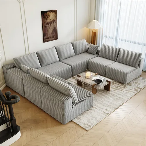 Miniatura 16 de Sofá seccional modular de 139.4", sofás minimalistas en forma de U con 2 otomanas chaise, sofá cama convertible moderno de asiento profundo, tela