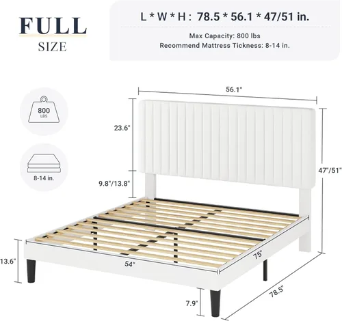Miniatura 2 de Allewie Base de cama tamaño matrimonial, cama de plataforma tapizada de terciopelo con cabecera capitoné de canal vertical ajustable, base de Blanco