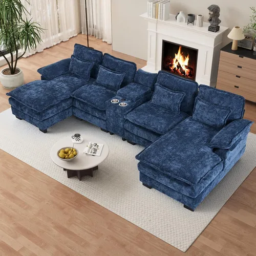 Miniatura 9 de Sofá seccional en forma de U de 132 pulgadas, mullido y afelpado de pana de 4 asientos, sofás seccionales color negro para sala de estar, cómodo