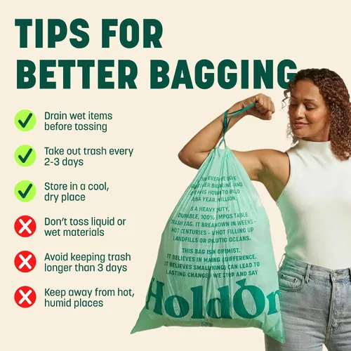 Miniatura 5 de HoldOn Bolsas altas compostables con cordón de cocina, 13 galones, resistentes a las fugas, bolsas de cocina de triple capa a base de plantas