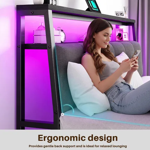 Miniatura 8 de Homkdom Base de cama de tamaño matrimonial con estación de carga, marco de cama tamaño matrimonial con luces LED con cabecera de almacenamiento Negro