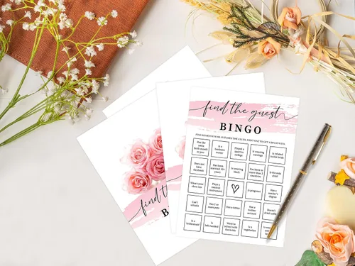 Miniatura 3 de Tuyashua Pink Swash Find The Guest - Juego de bingo para 30 invitados con tarjetas de juego, juego de despedida de soltera en acuarela rosa