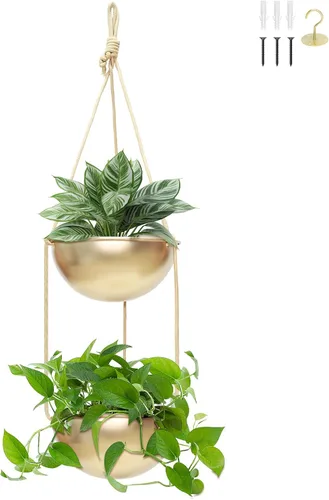 Miniatura 11 de AceList Paquete de 2 macetas colgantes doradas para plantas de interior, colgador de plantas de metal bohemio de 9.8 pulgadas para interiores