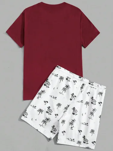Miniatura 42 de GORGLITTER Conjunto de 2 piezas de camiseta gráfica de manga corta para hombre, estampado hawaiano con cordón y pantalones cortos
