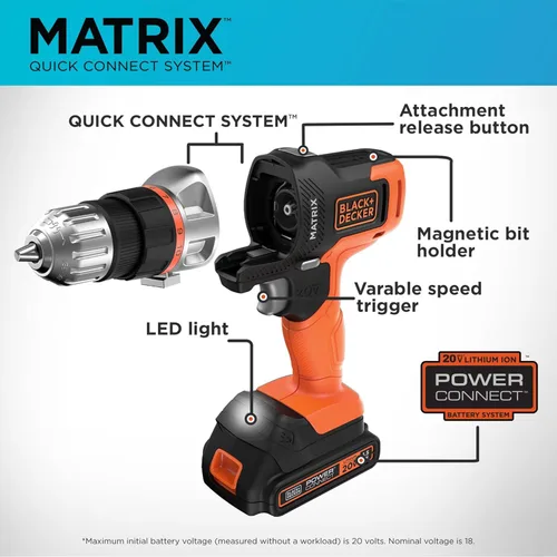 Miniatura 4 de BLACK+DECKER MATRIX - Kit de herramientas eléctricas de 20 V MAX, incluye taladro inalámbrico, 12 accesorios y estuche de almacenamiento