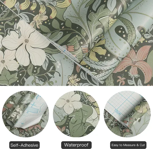 Miniatura 6 de HeloHo Papel tapiz verde para despegar y pegar, diseño bohemio, floral, autoadhesivo, extraíble, impermeable, papel de contacto para sala de estar