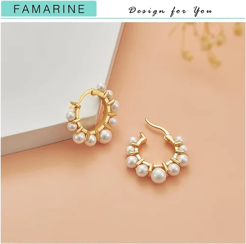 Miniatura 4 de FAMARINE Aretes de aro de perlas para mujer, aros de perlas ligeros para niñas