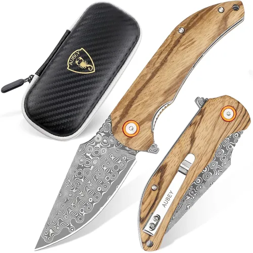 Miniatura 10 de Cuchillo de bolsillo AUBEY de Damasco, hoja de acero de Damasco de 3.34" con molino hueco, cuchillo plegable con rodamiento de bola, mango