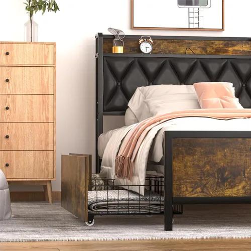 Miniatura 3 de GAZHOME Base de cama matrimonial con 4 cajones de almacenamiento y estación de carga, cabecera tapizada de tamaño matrimonial, no necesita somier