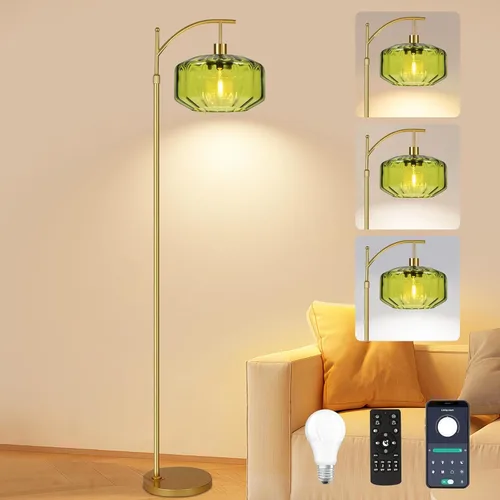 Miniatura 16 de Lámpara de pie dorada para sala de estar con 3 temperaturas de color, lámparas de pie bohemias de arco con control remoto, lámpara de pie de ratán