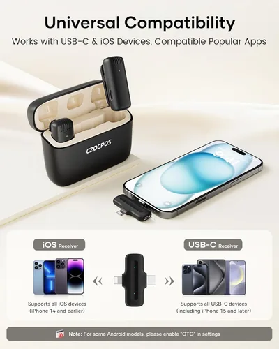 Miniatura 8 de Micrófono Lavalier inalámbrico para iPhone, iPad y Android con funda de carga, micrófono de solapa con reducción de ruido, duración de la batería