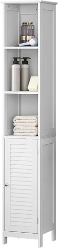 HOMEFORT Armario de almacenamiento para baño, armario alto y estrecho con cubículo, gabinete de esquina delgada, torre de lino de madera, con puerta
