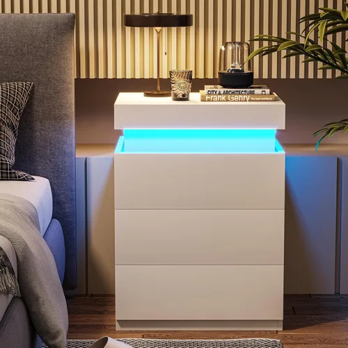 Miniatura 11 de ADORNEVE Mesita de noche con estación de carga y luces LED, mesa auxiliar con parte superior deslizante, mesa de noche con cajones, mesa lateral