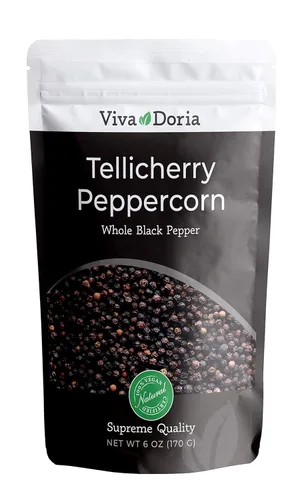Viva Doria Tellicherry Peppercorn, Pimienta Negra Entera, Granos de Pimienta Negra Esterilizados al Vapor, 6 Oz, Para Recarga de Molinillo