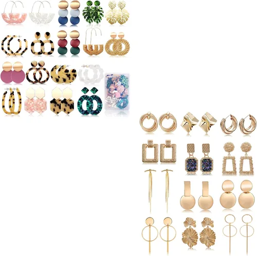 FIFATA 30 pares de aretes de ratán para mujeres y niñas, aretes de aro dorados divertidos de acrílico, aretes colgantes de resina de moda,