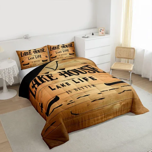 Miniatura 6 de Erosebridal - Juego de ropa de cama con decoración de casa lacustre, juego de edredón con paletas de madera coloridas tamaño completo, juego de ropa