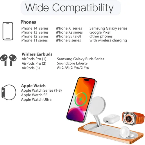 Miniatura 6 de Estación de carga 3 en 1 para dispositivos Apple: Usada para estación de carga de iPhone y Watch con soporte de cargador Magsafe, cargador Naranja