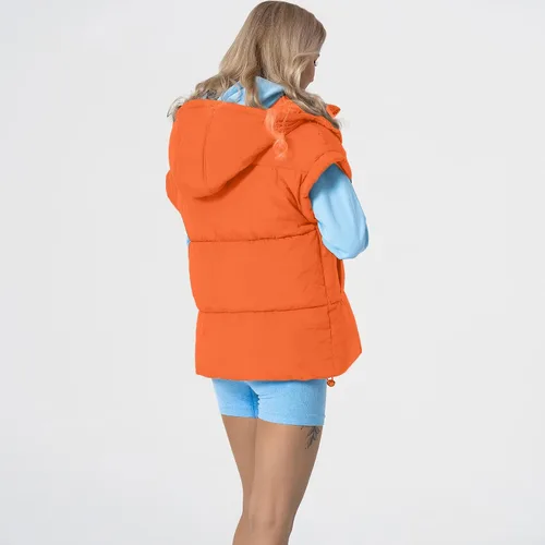 Miniatura 12 de Shiyifa Chaleco acolchado para mujer, chaqueta de gran tamaño, sin mangas, ligera, con cremallera, con capucha desmontable