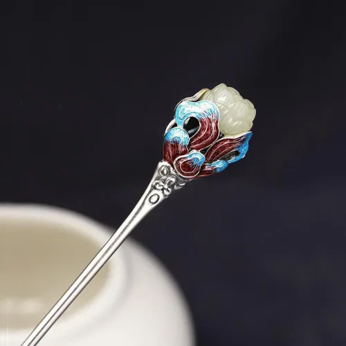 Miniatura 3 de Hotan Jade S925 - Horquilla chapada en plata con perla y flor de ciruelo, palillos de pelo estilo Hanfu chino, estilo retro hecho a mano, accesorios