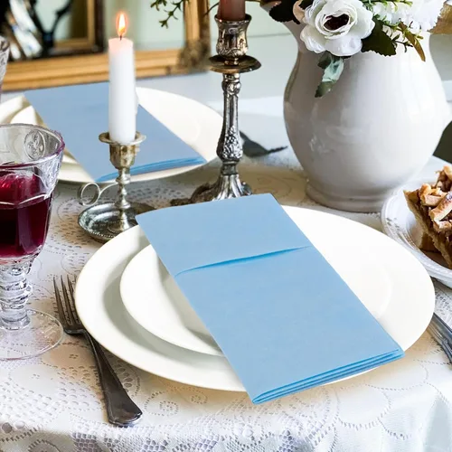 Miniatura 4 de KAMMAK Servilletas Azul Claro Desechables con Bolsillo Paquete de 100 Servilletas de Papel Tipo Tela para Cena Toallas de Mano Plegadas