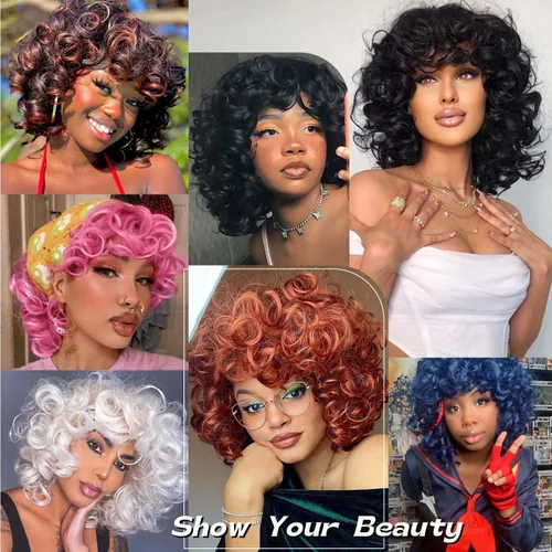 Miniatura 4 de Pelucas cortas y rizadas para mujeres negras, peluca rizada afro con flequillo, rizos sueltos, lindos rizos, pelo sintético para mujeres Negro