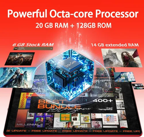 Miniatura 3 de Tablet Android 15 con teclado y ratón, 20 GB de RAM + 128 GB de ROM (expandir a 1 TB), tabletas Octa-Core de 10.1 pulgadas con WiFi 6, cámara dual