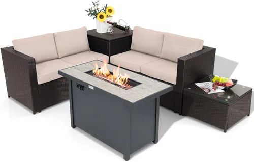 Tangkula Juego de muebles de patio de 5 piezas con mesa para fogata de propano de 42 pulgadas, juego de conversación de mimbre para exteriores con