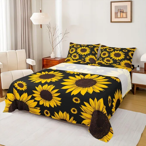 Juego de sábanas de girasoles con estampado floral, juego de ropa de cama con patrón de flores amarillas, sábana bajera ajustable negra, sábana