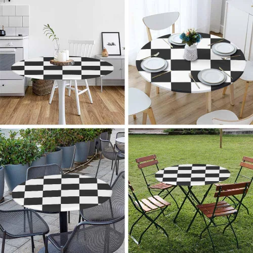 Miniatura 5 de Mantel de ajedrez blanco y negro con cuadrículas redondas, planos, abstracto, impermeable, lavable, para mesa de comedor ajustable de 40 a 44