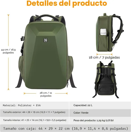 Miniatura 7 de K&F CONCEPT Mochila para Cámara, Bolsa de Fotografía DSLR de Carcasa Rígida para Cámara con Compartimento para Laptop de 15-15.6 Pulgadas, Estuche