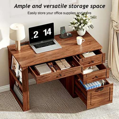 Miniatura 3 de Ieejdn 47" Home Office Desks, Executive Desk, Farmhouse Computer Desk with Drawers and Charging Station, File Drawer, Storage Cabinet, Rustic