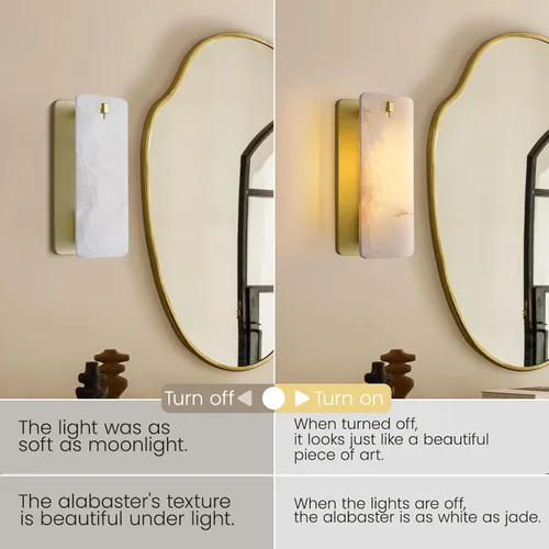 Miniatura 8 de Apliques de pared de alabastro español natural de 12 pulgadas, modernas luces doradas de latón para espejo de baño, lámpara de pared E12 con Latón