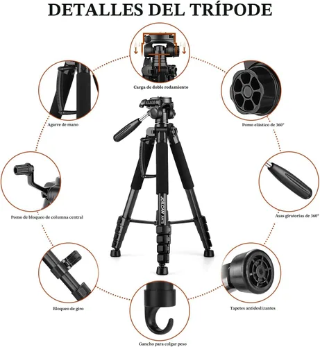 Miniatura 7 de JOILCAN Trípodes para cámara, trípode de 74 pulgadas para grabación de video, cámaras de alta resistencia, trípode DSLR de viaje profesional, Negro