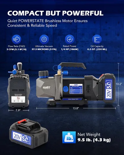 Miniatura 3 de Orion Motor Tech Bomba de vacío HVAC inalámbrica de iones de litio, bomba de vacío de 3 cfm, bomba de vacío de CA automotriz alimentada por batería