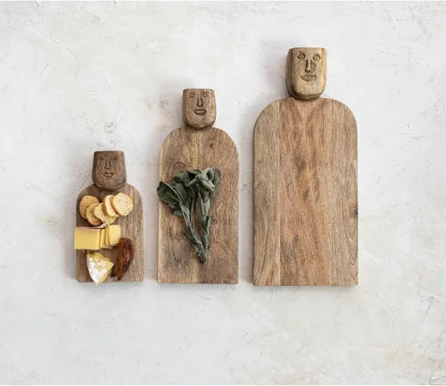 Miniatura 3 de Cortadora compacta de queso de madera de mango tallada a mano y tabla de cortar con diseño de mango facial y acabado peinado, natural