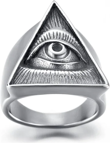 Miniatura 2 de Anillo de plata con ojos completos de triángulo de pirámide para hombre, anillo de bicicleta gótica de acero inoxidable, Acero inoxidable, plata