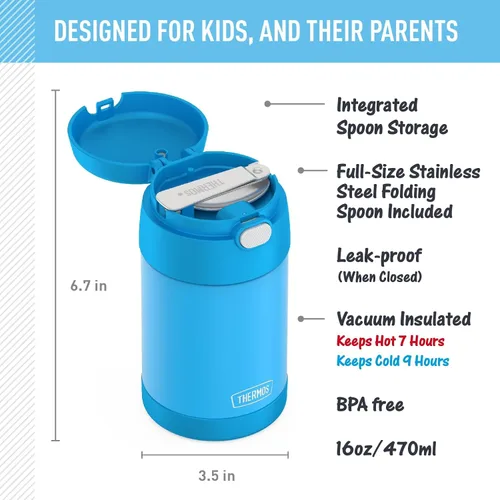 Miniatura 2 de THERMOS Funtainer - Tarro de alimentos aislado de 16 onzas, tarro de comida para niños con cuchara plegable, azul denim