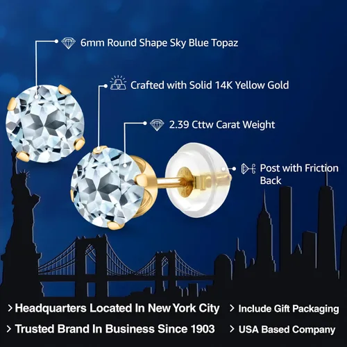 Miniatura 158 de Gem Stone King Aretes solitarios con piedra natal de oro de 14 quilates Redondos de 0.236 in Aretes de oro para mujeres y hombres