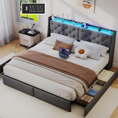 Miniatura 11 de SADENICEL Base de cama de tamaño completo con cabecera de almacenamiento y 4 cajones, plataforma de base de cama de metal completo con luz LED
